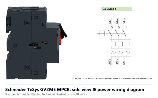 Schneider TeSys GV2ME MPCB side view and wiring diagram (manufacturer datasheet drawing)