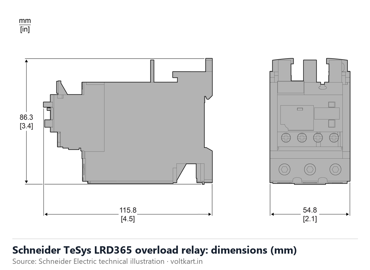 Schneider LRD365 overload relay dimensions (manufacturer datasheet drawing)