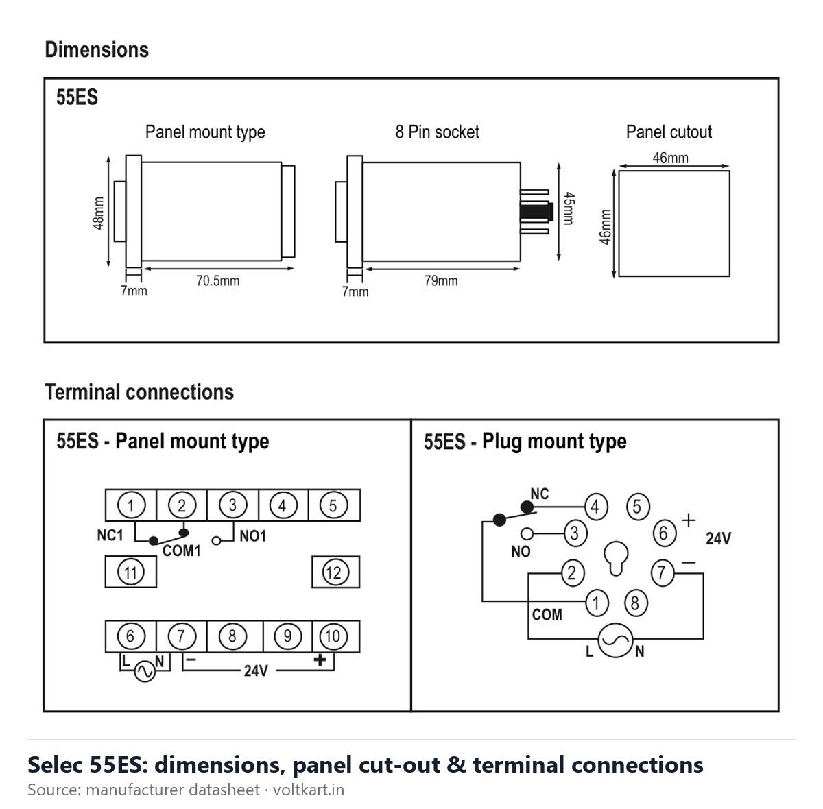 Selec 55ES dimensions and terminal connections (manufacturer datasheet drawing)