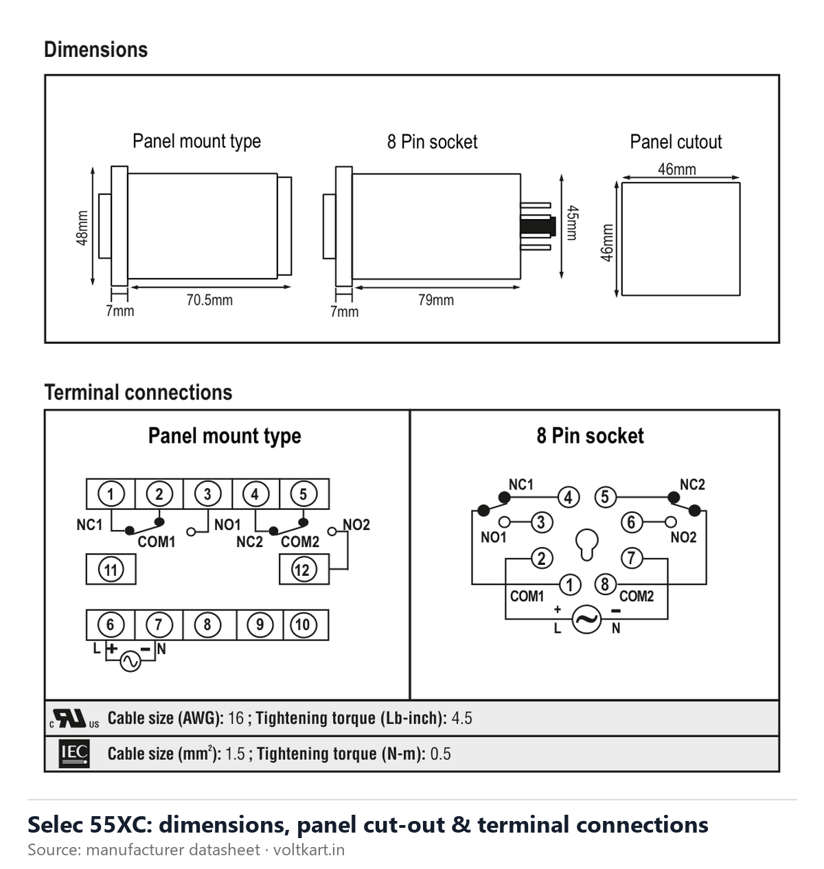Selec 55XC dimensions and terminal connections (manufacturer datasheet drawing)
