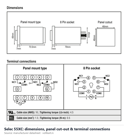 Selec 55XC dimensions and terminal connections (manufacturer datasheet drawing)