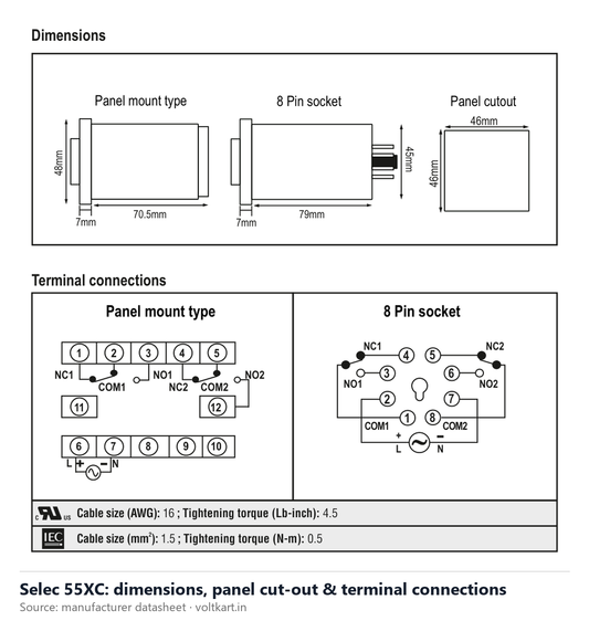 Selec 55XC dimensions and terminal connections (manufacturer datasheet drawing)