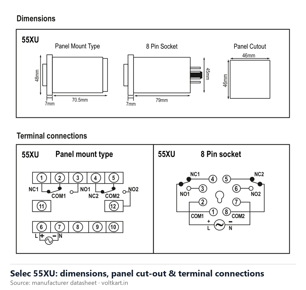 Selec 55XU dimensions and terminal connections (manufacturer datasheet drawing)