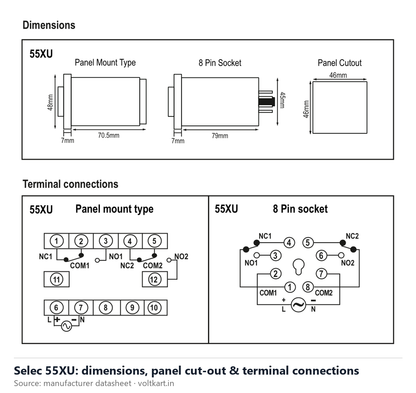 Selec 55XU dimensions and terminal connections (manufacturer datasheet drawing)