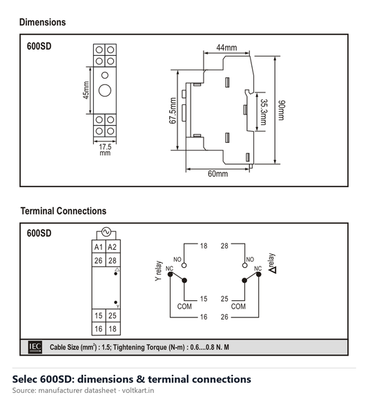 Selec 600SD dimensions and terminal connections (manufacturer datasheet drawing)