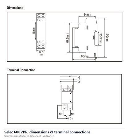 Selec 600VPR dimensions and terminal connections (manufacturer datasheet drawing)