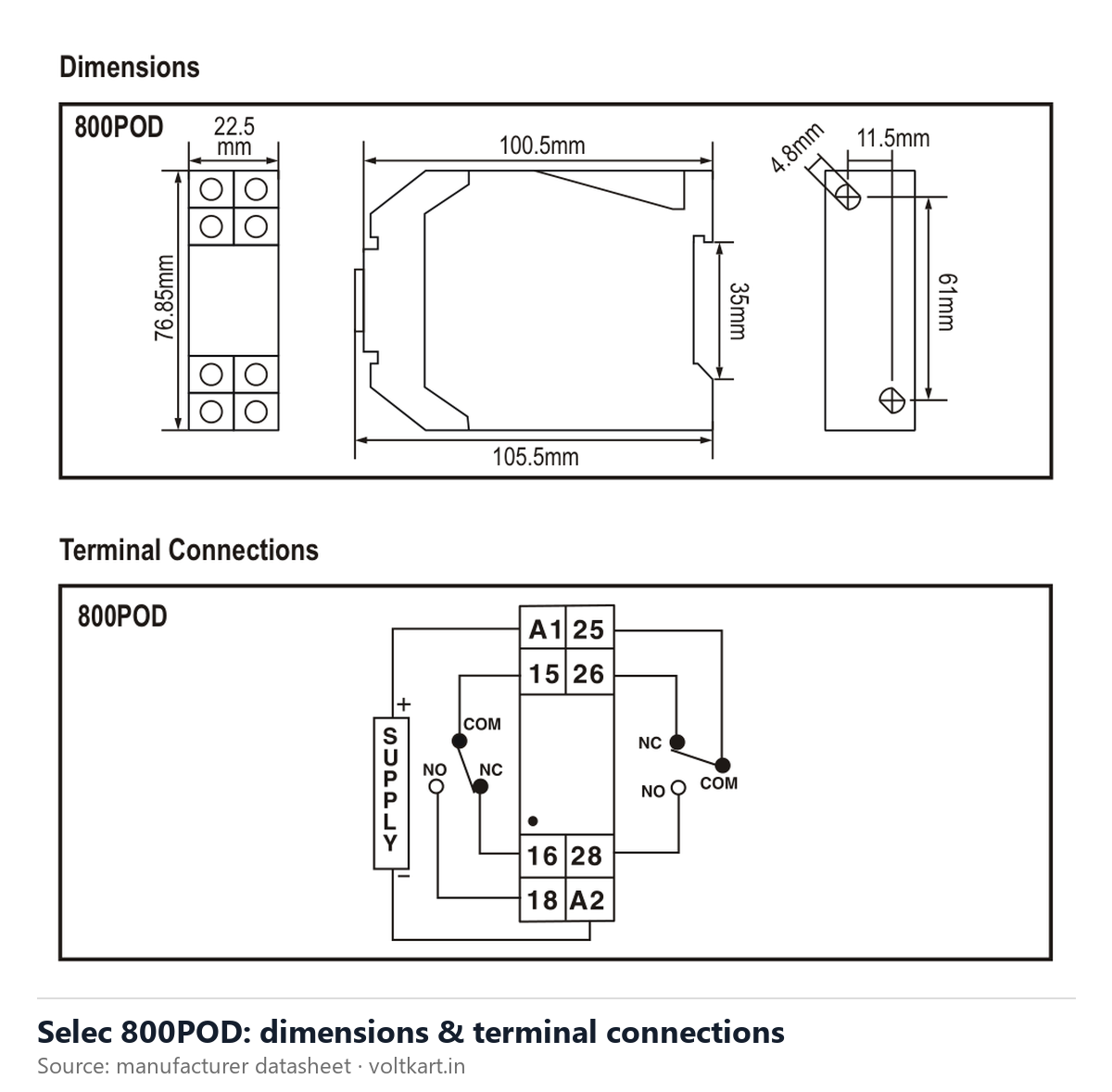 Selec 800POD dimensions and terminal connections (manufacturer datasheet drawing)