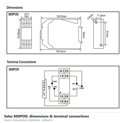 Selec 800POD dimensions and terminal connections (manufacturer datasheet drawing)