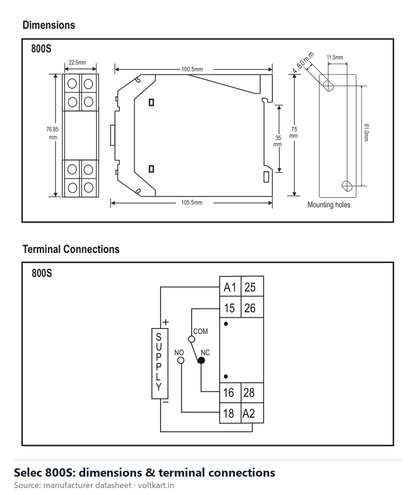 Selec 800S dimensions and terminal connections (manufacturer datasheet drawing)