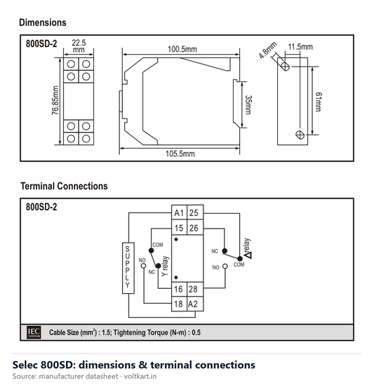 Selec 800SD dimensions and terminal connections (manufacturer datasheet drawing)
