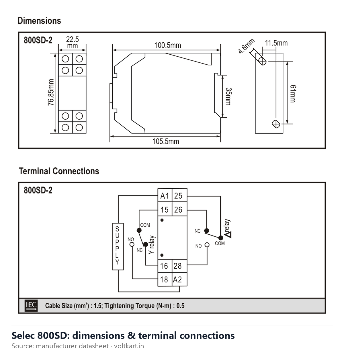 Selec 800SD dimensions and terminal connections (manufacturer datasheet drawing)