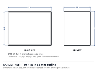 EAPL ST-4M1 sequential timer outline dimensions 110 x 86 x 68 mm (outline drawing from manufacturer datasheet figures)