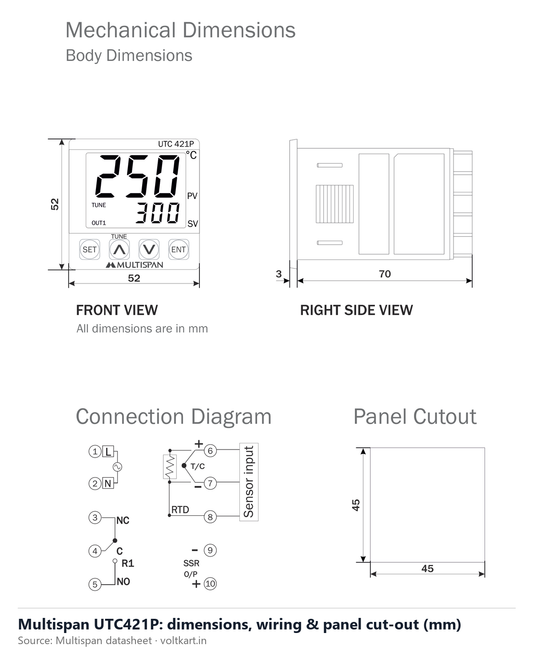 Multispan UTC421P temperature controller dimensions, wiring and panel cut-out (manufacturer datasheet drawing)